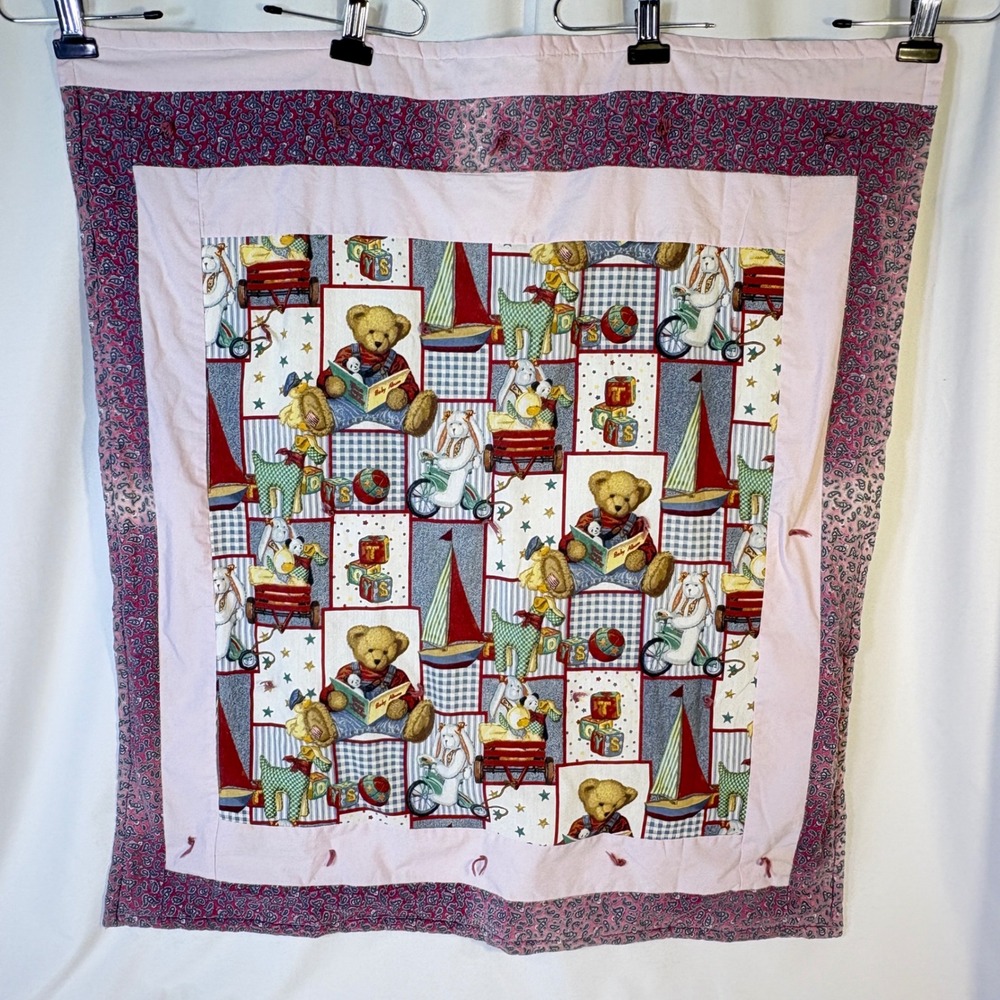 Baby Quilt Blue Jean Teddy Bear Blanket 32x35 Pink Blue Bunny Paisley Patchwork